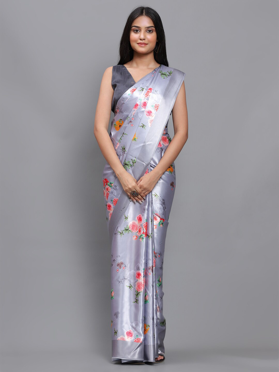 

awesome Grey & Orange Floral Satin Block Print Saree