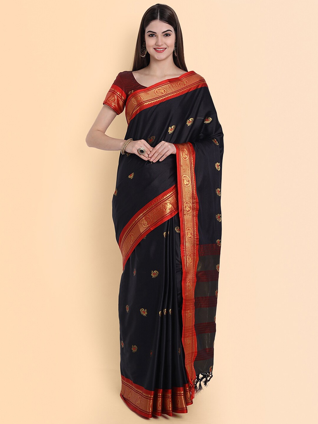 

awesome Black & Red Woven Design Zari Pure Silk Mysore Silk Saree