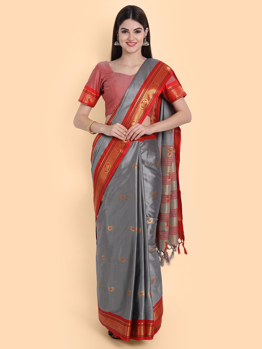 

awesome Grey & Red Ethnic Motifs Zari Pure Mysore Silk Saree