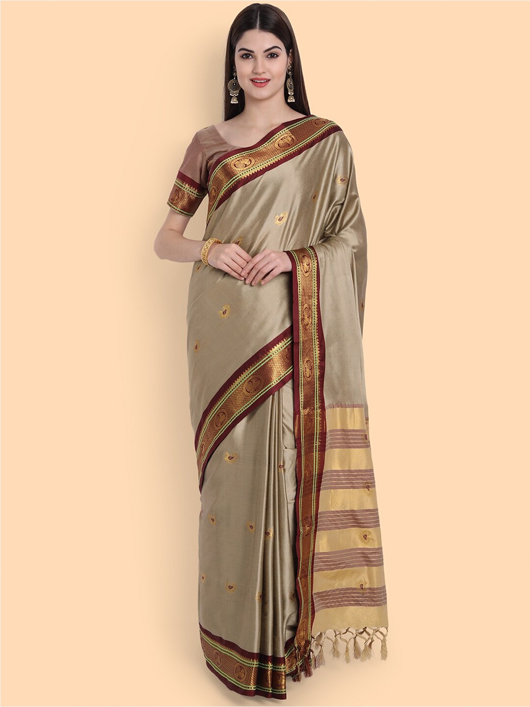 

awesome Beige & Gold-Toned Woven Design Zari Pure Silk Mysore Silk Saree