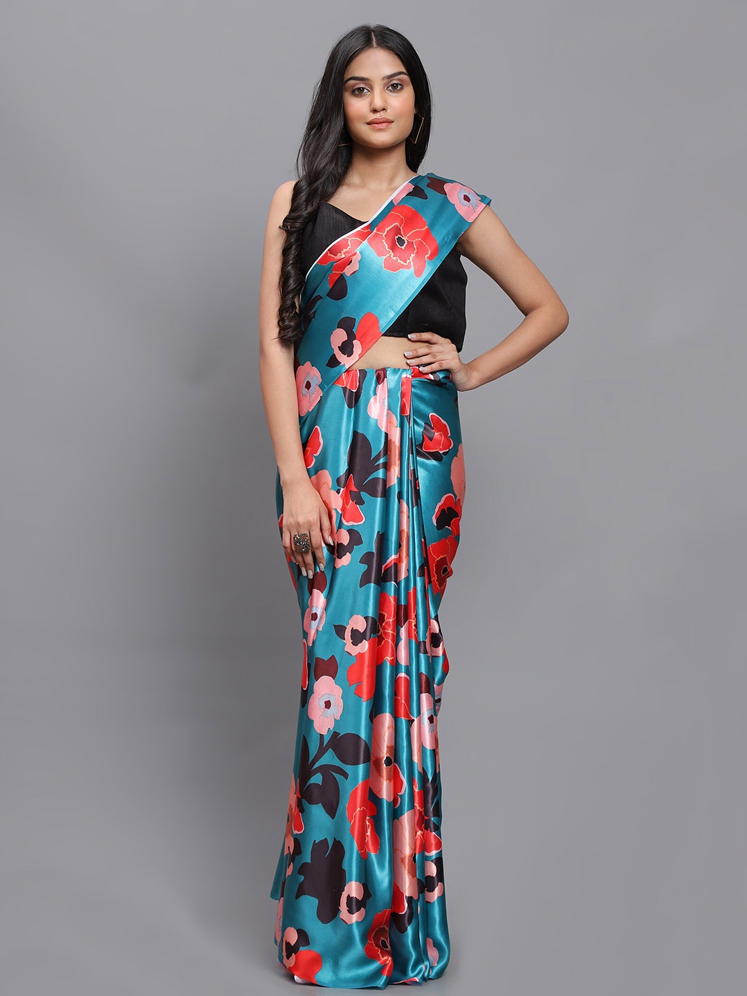 

awesome Blue & Red Floral Block Printed Satin Saree