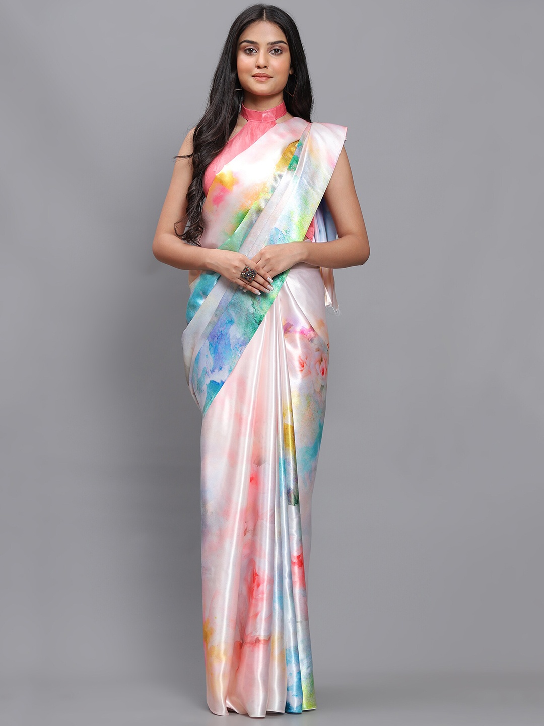 

awesome Peach-Coloured & Blue Floral Satin Printed Saree