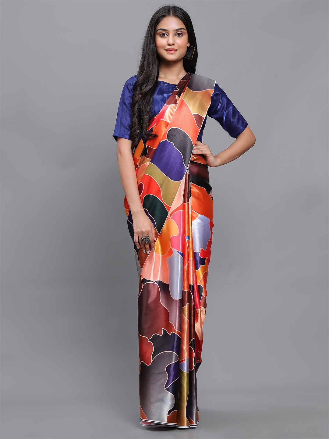 

awesome Blue & Orange Satin Block Print Saree