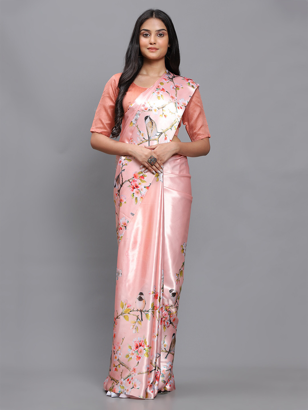

awesome Peach-Coloured & Green Floral Satin Saree