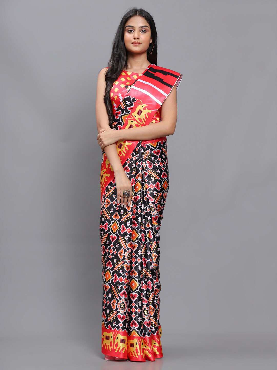 

awesome Black & Gold-Toned Floral Satin Block Print Saree