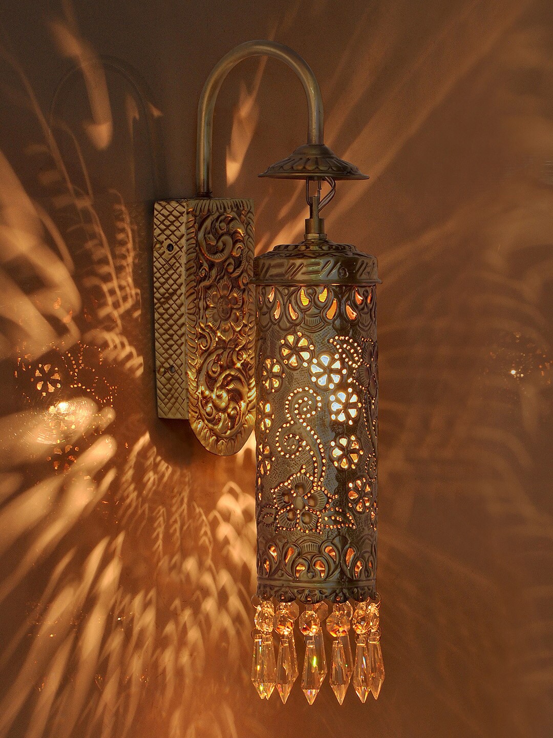 

Fos Lighting Gold Toned Hand Carved Brass & Crystal Cylinder Sconce Wall Lamp
