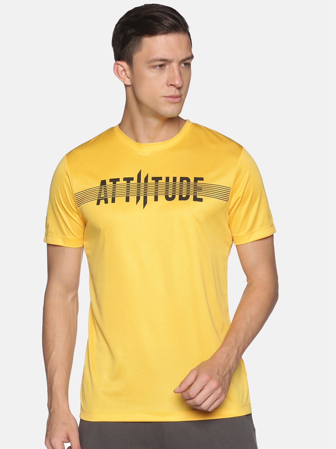 

ATTIITUDE Men Yellow Typography Printed Dry Fit Slim Fit T-shirt