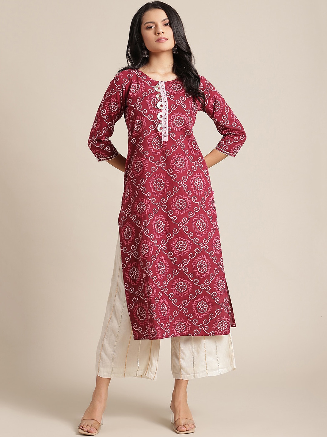 

Varanga Women Maroon & White Ethnic Motifs Printed Cotton Gotta Patti Kurta