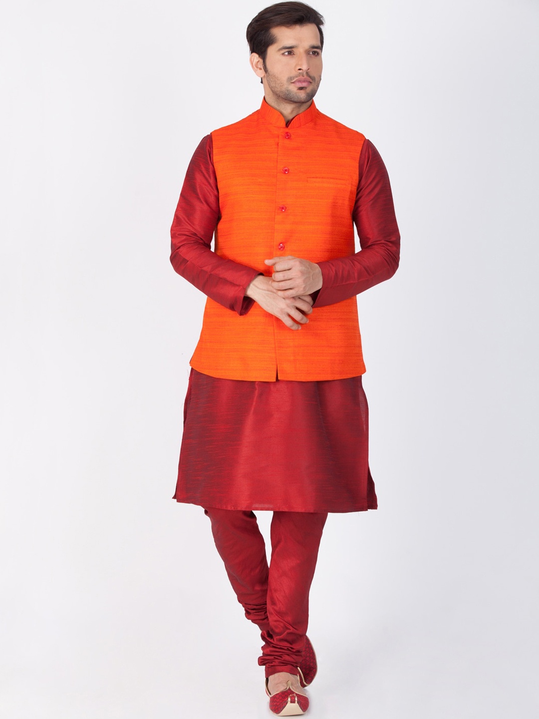 

VASTRAMAY Men Maroon & Orange Kurta with Churidar & Nehru Jacket