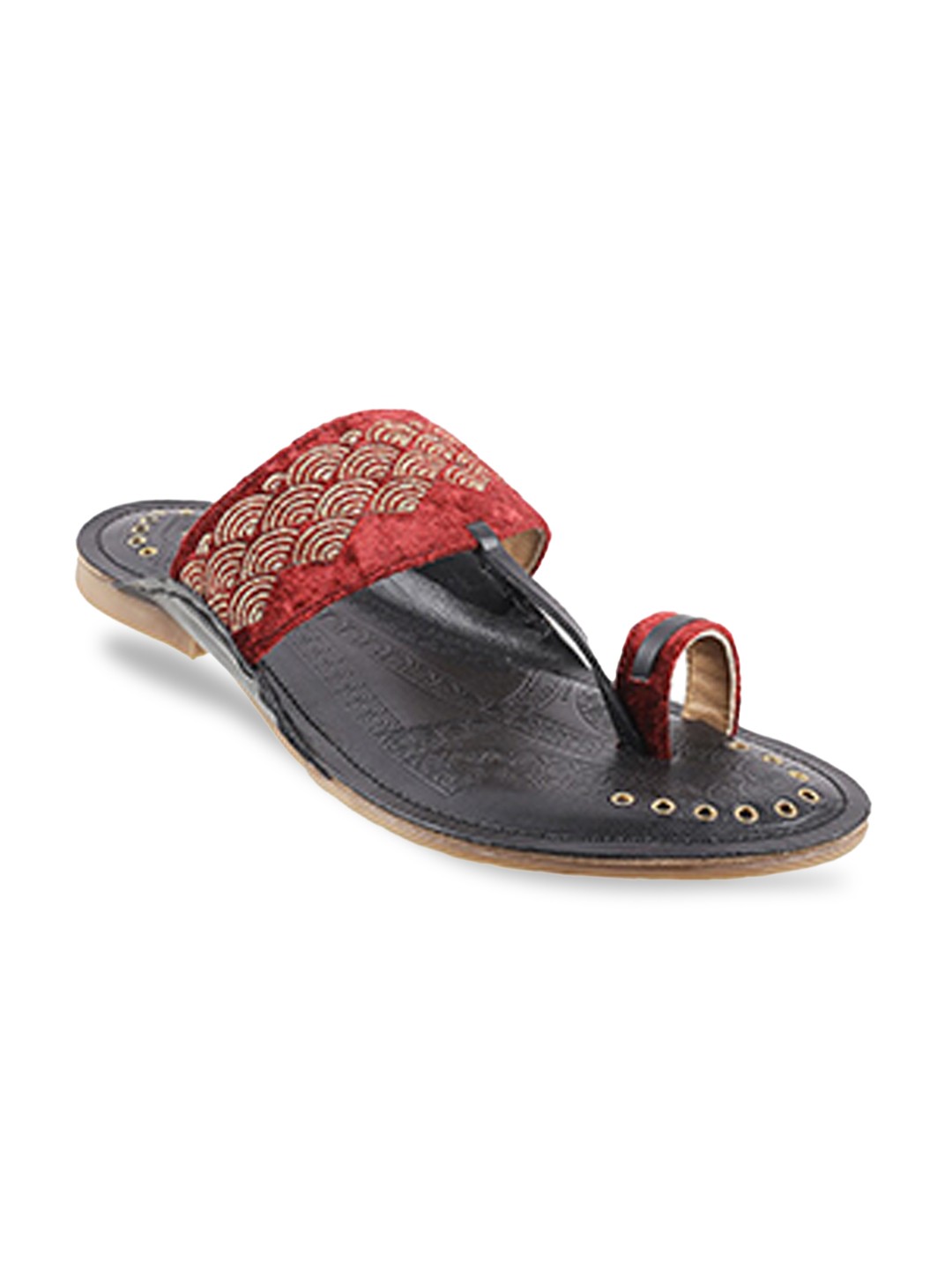 

Mochi Men Black & Maroon Ethnic Leather Comfort Sandals