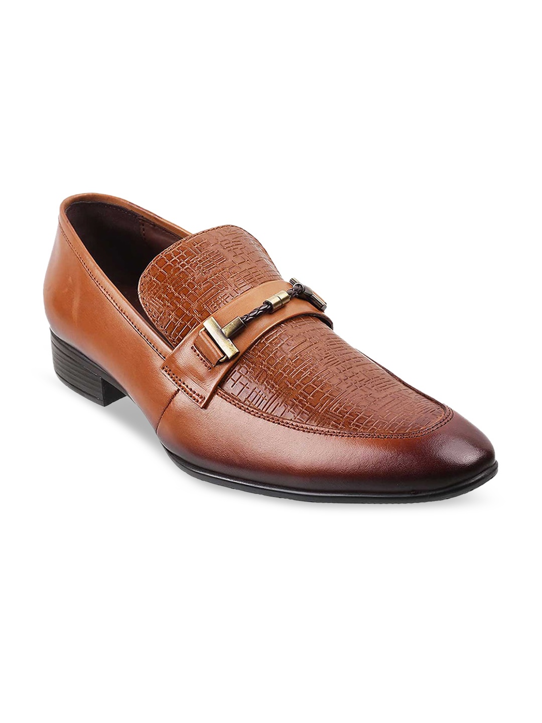 

Mochi Men Tan-Brown Textured Leather Formal Slip-On Shoes