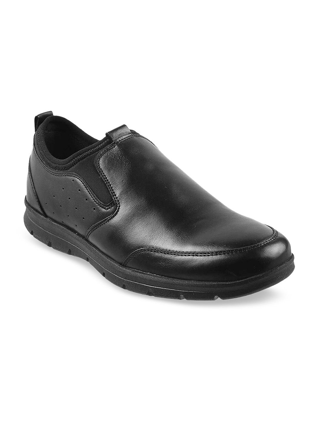 

Mochi Men Black Solid Leather Formal Slip-Ons