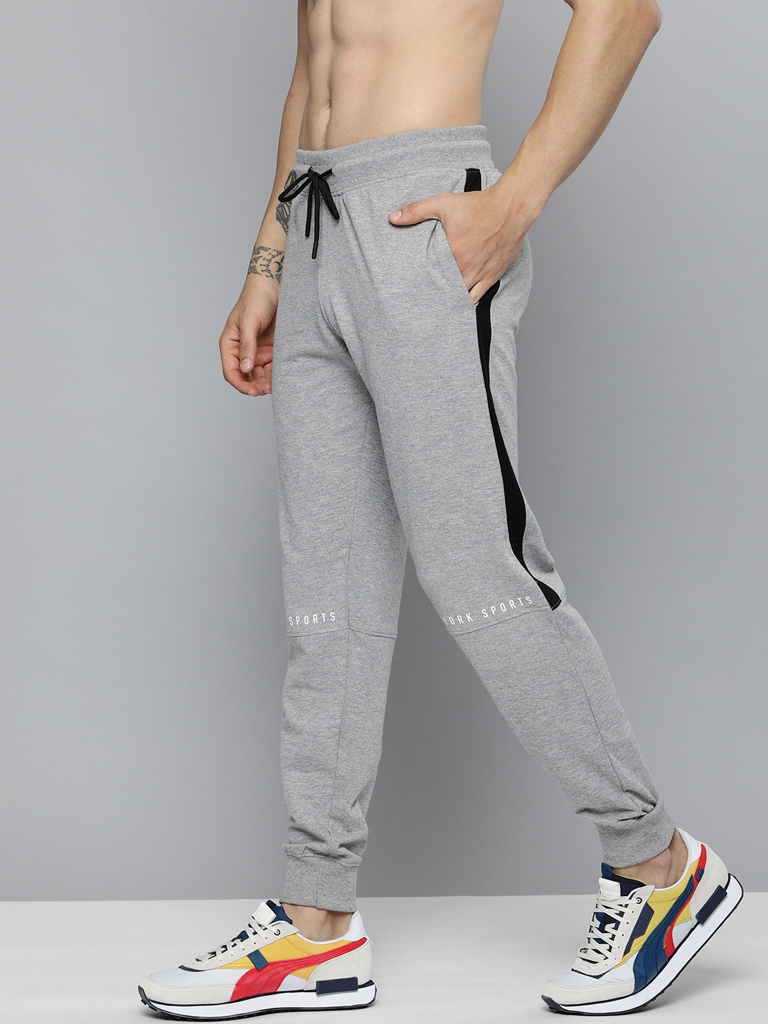 

HERE&NOW Men Grey Melange Side Striped Joggers
