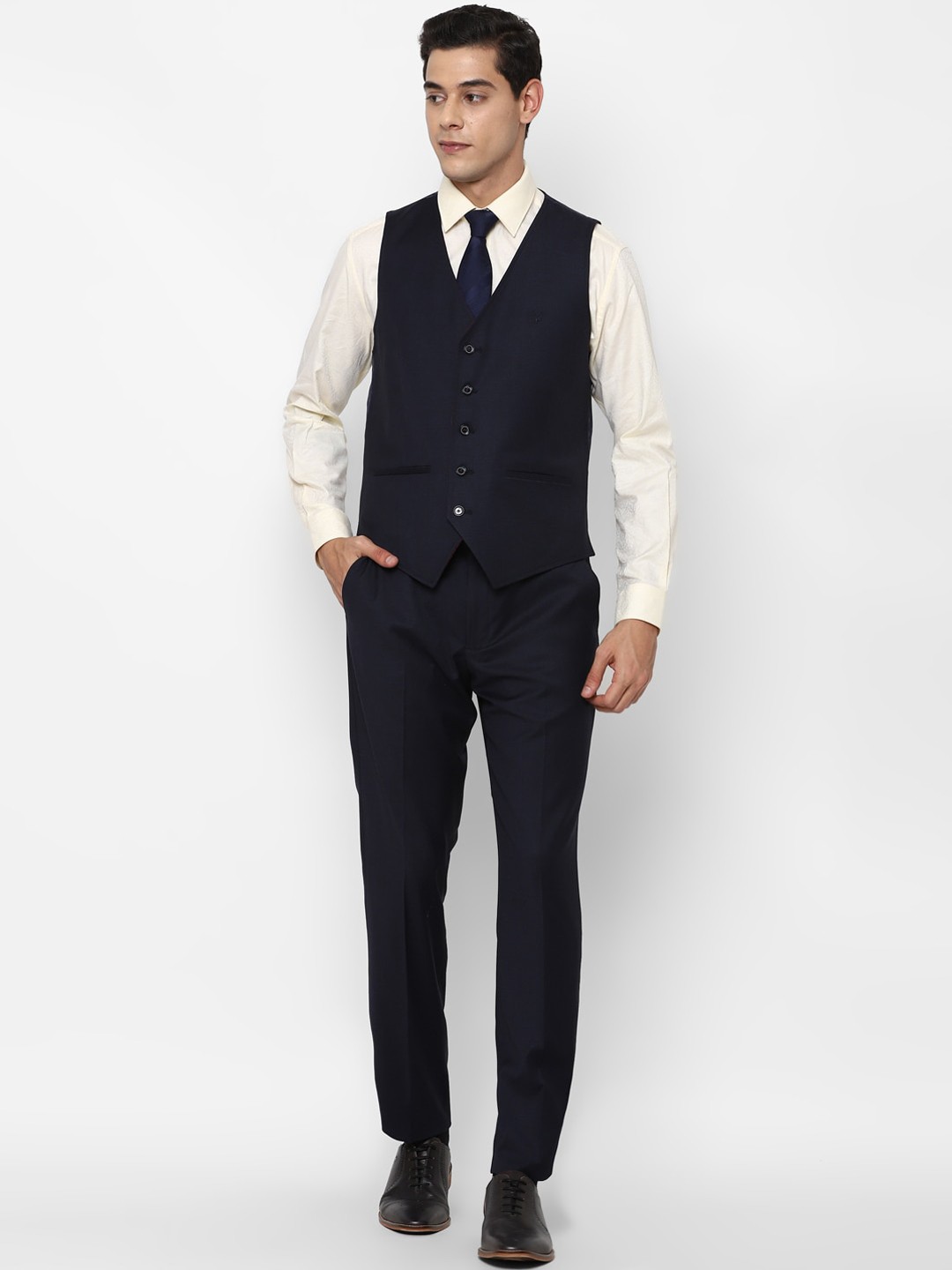 

Allen Solly Men Navy Blue Self Design Single Breasted Slim-Fit 3-Piece Formal Suit
