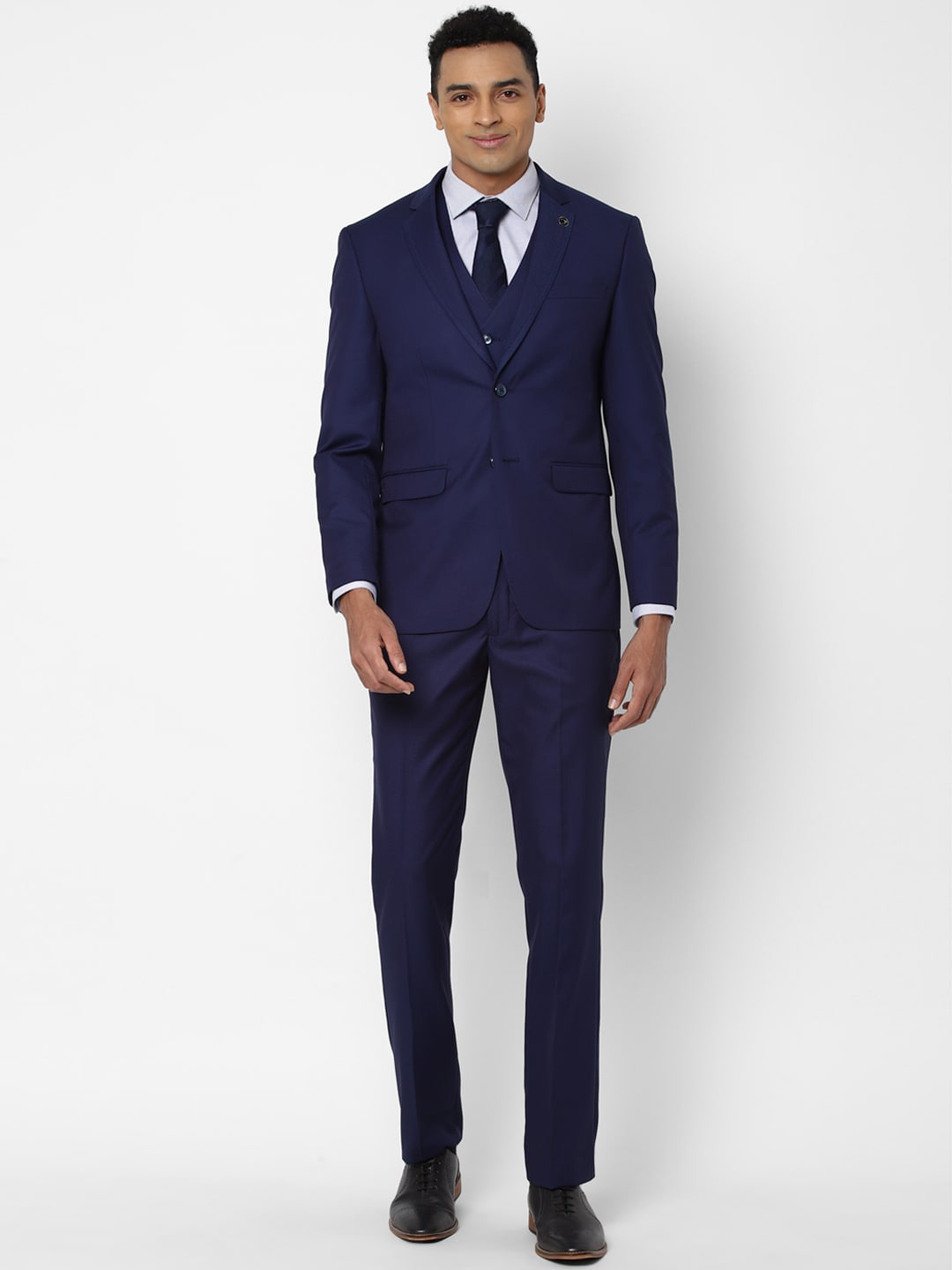 

Allen Solly Men Navy Blue Self Design Single Breasted Tailored-Fit 3-Piece Formal Suit