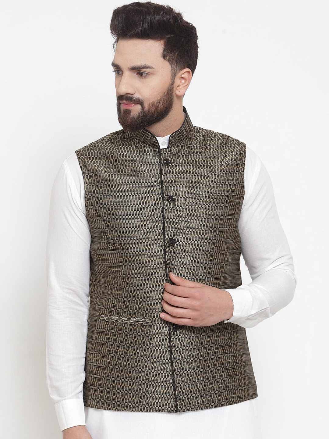 

TREEMODA Men Black & Gold-Coloured Woven Design Brocade Pure Silk Woven Nehru Jacket