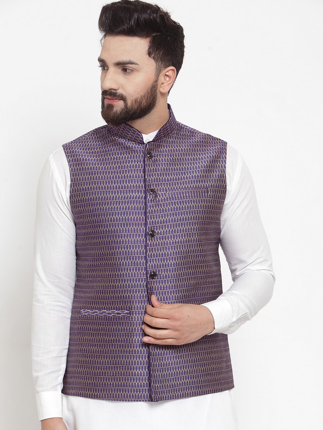 

TREEMODA Men Violet Printed Pure Silk Woven Nehru Jacket