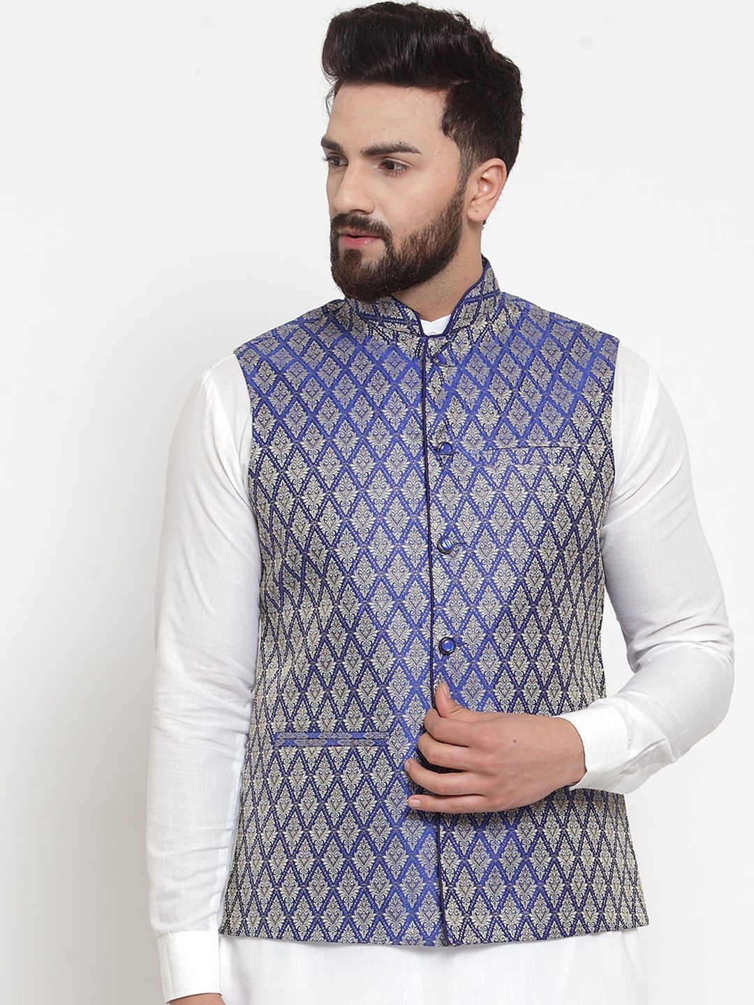 

TREEMODA Men Blue & Silver-Coloured Brocade Woven Design Pure Silk Nehru Jacket
