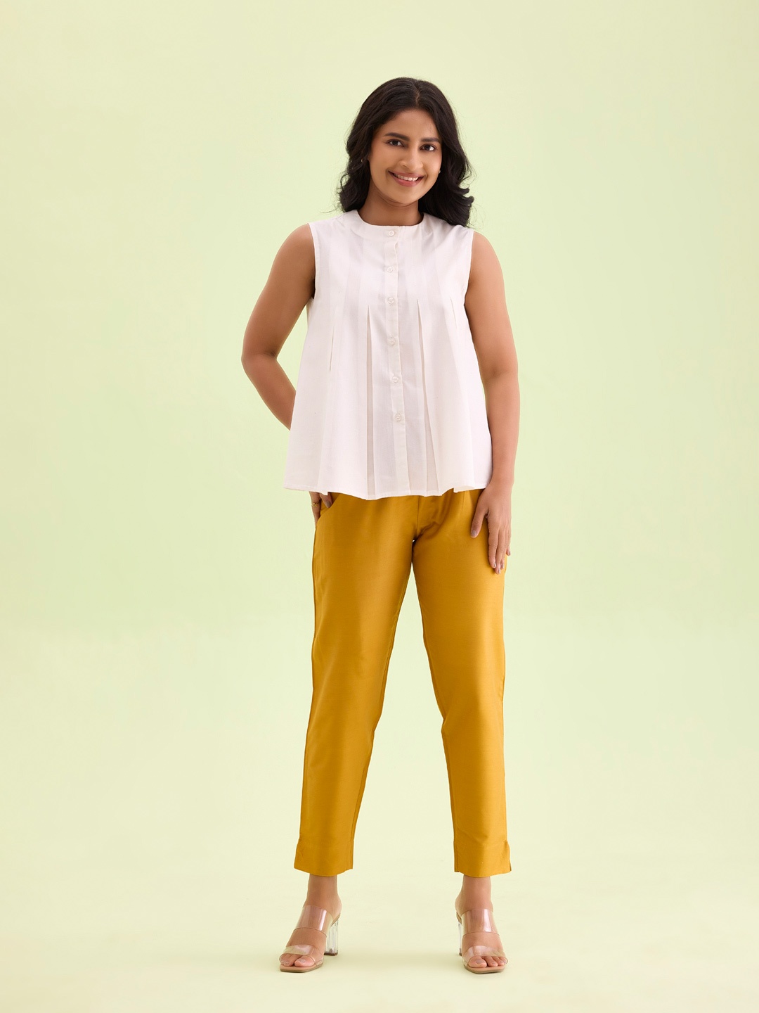 Go Colors Women Metallic Mustard Yellow Mid Rise Trousers