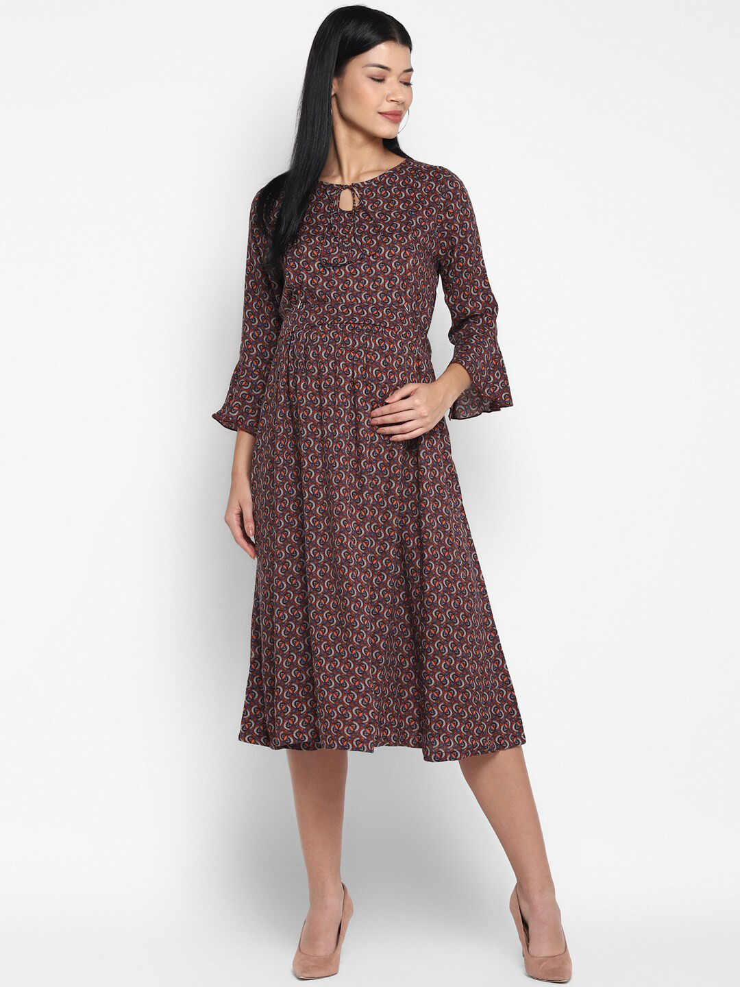 

Momsoon Maternity Women Maroon & Blue Printed Keyhole Neck Maternity Fit & Flare Dress