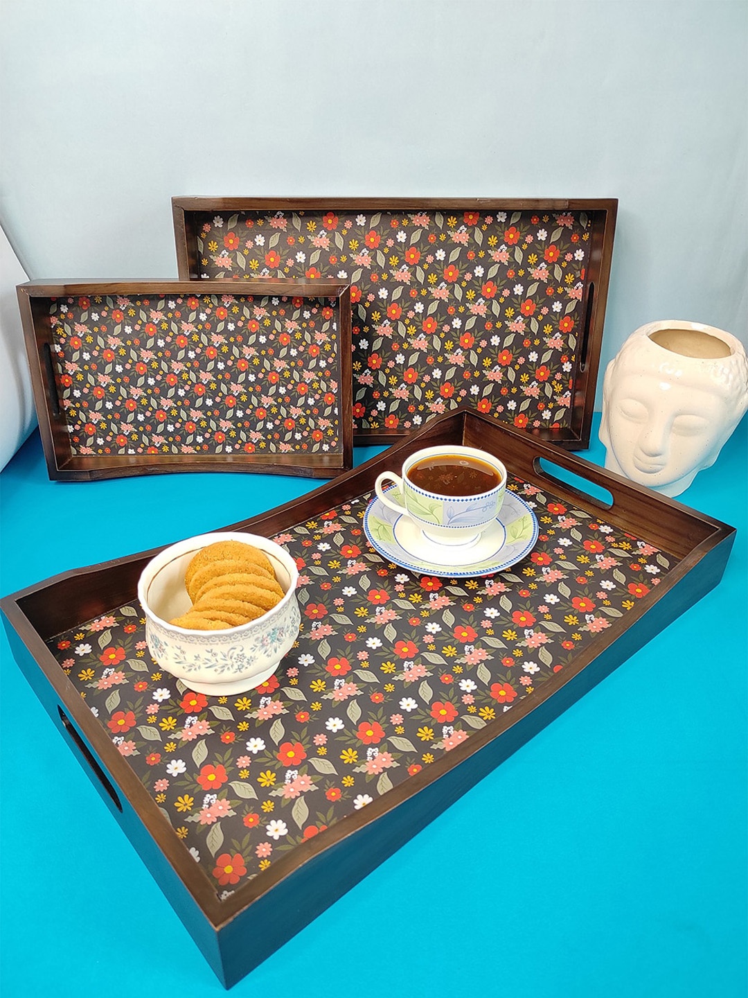 

CRAYTON Set Of 3 Brown & Red Floral Wooden Rectangular Serving Tray