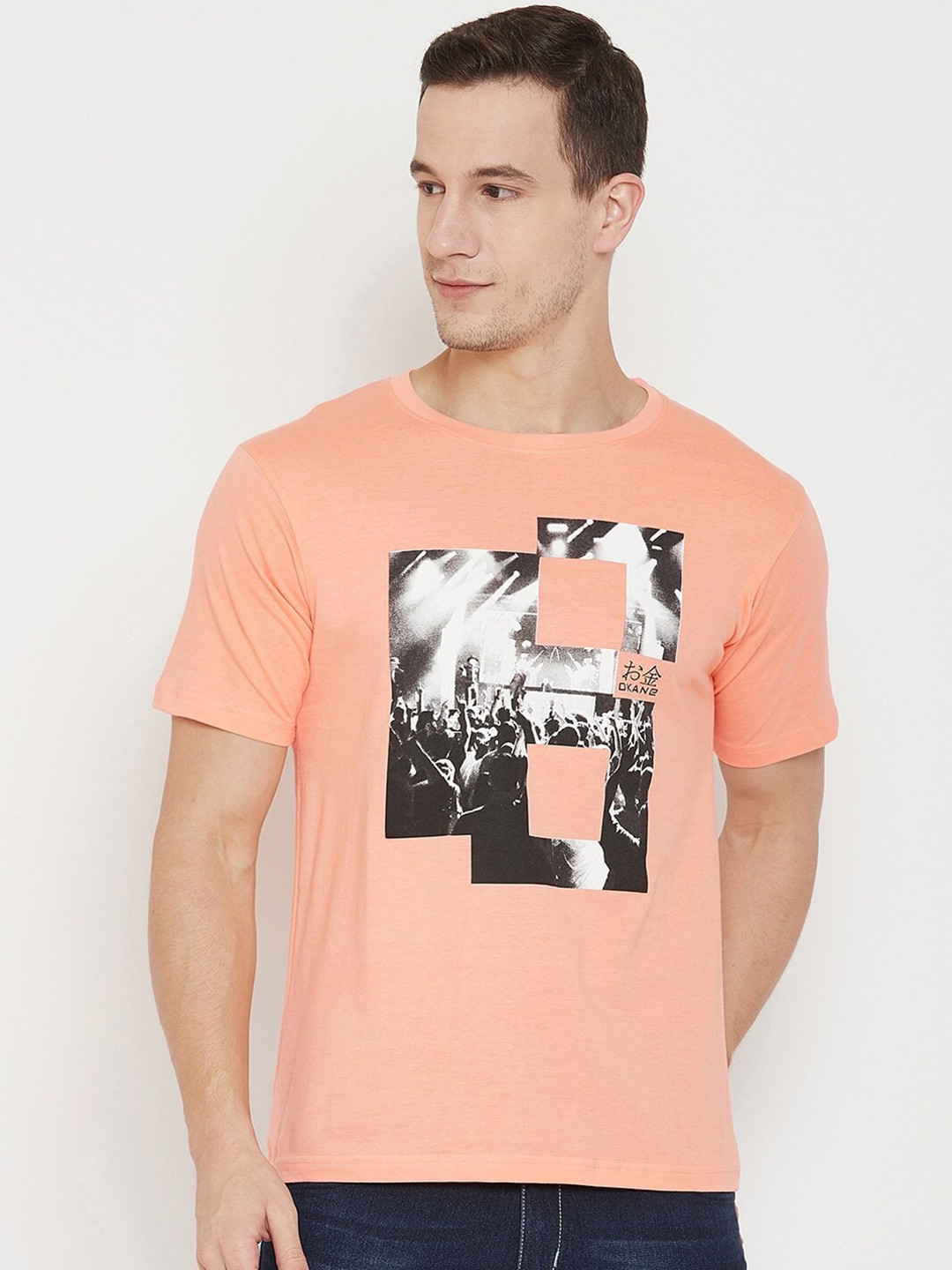 

Okane Men Peach-Coloured Printed T-shirt