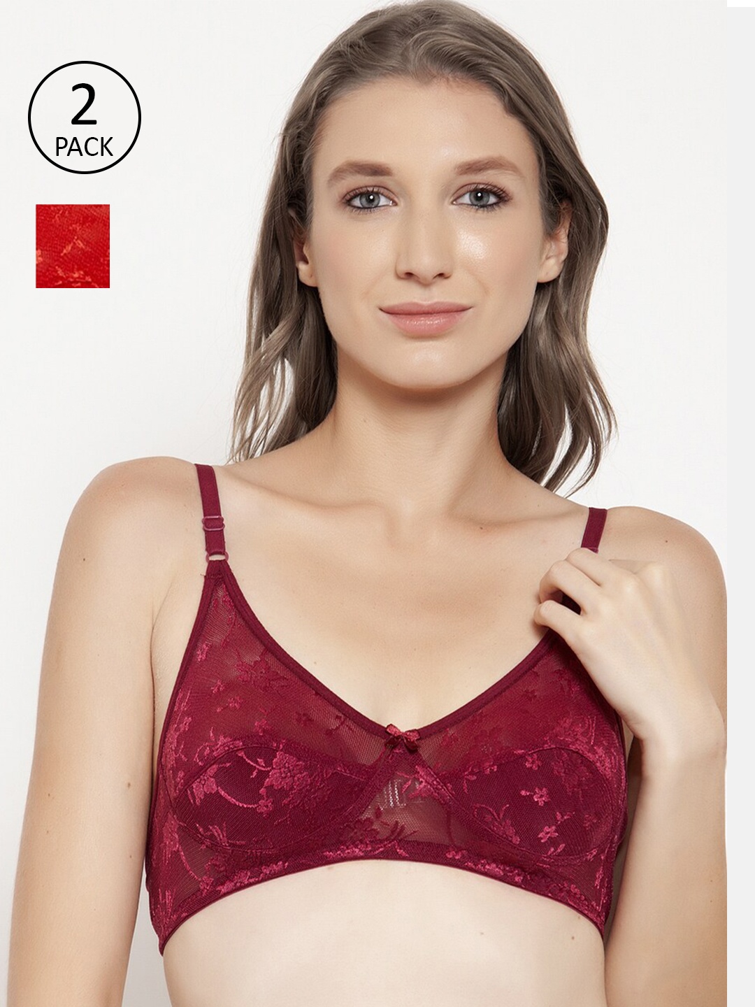 

Innocence Women Pack Of 2 Red & Burgundy Lace Non Padded Non Wired Everyday Bra