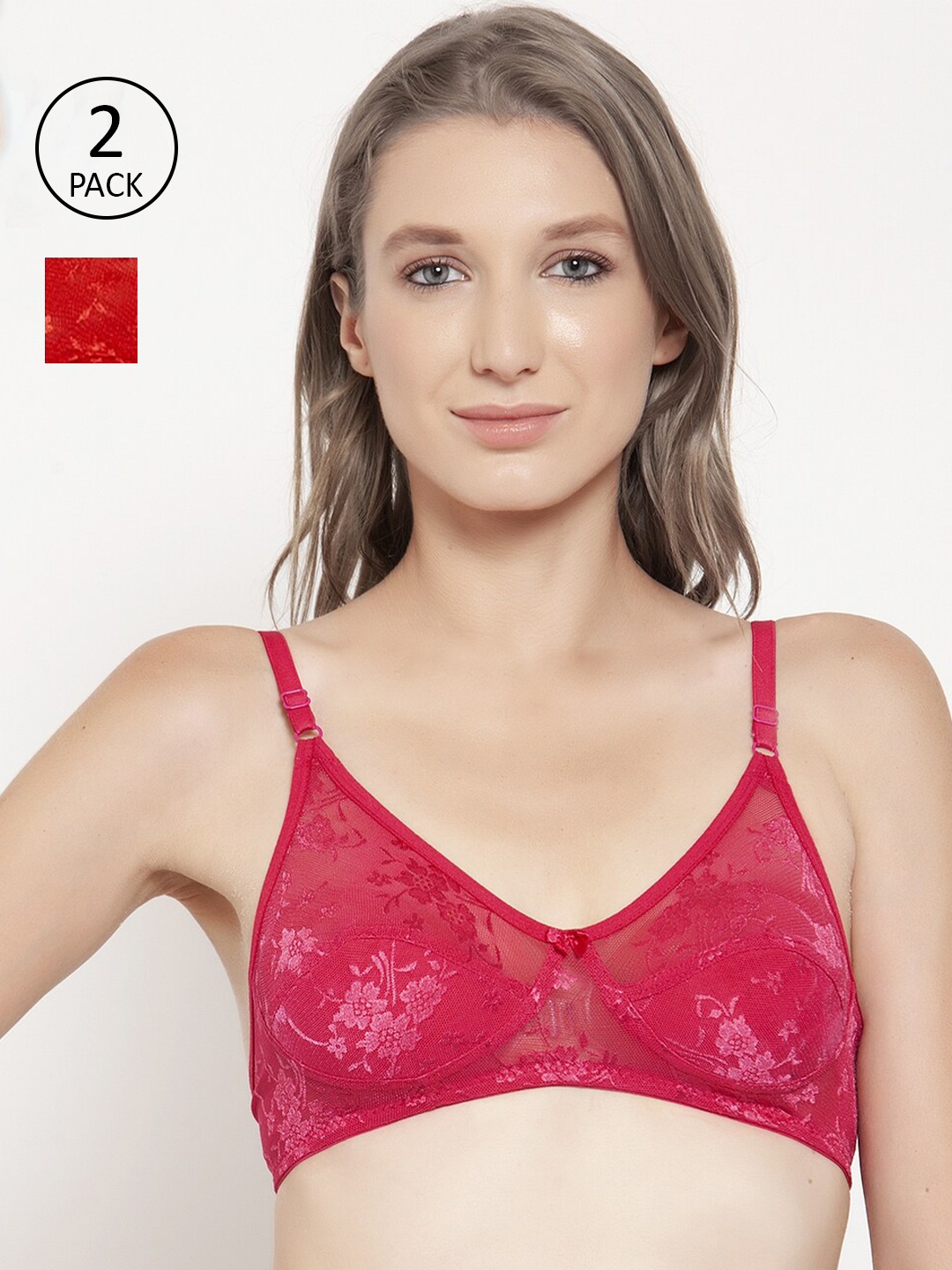 

Innocence Women Pack Of 2 Magenta & Red Lace Non Padded Non Wired Everyday Bra