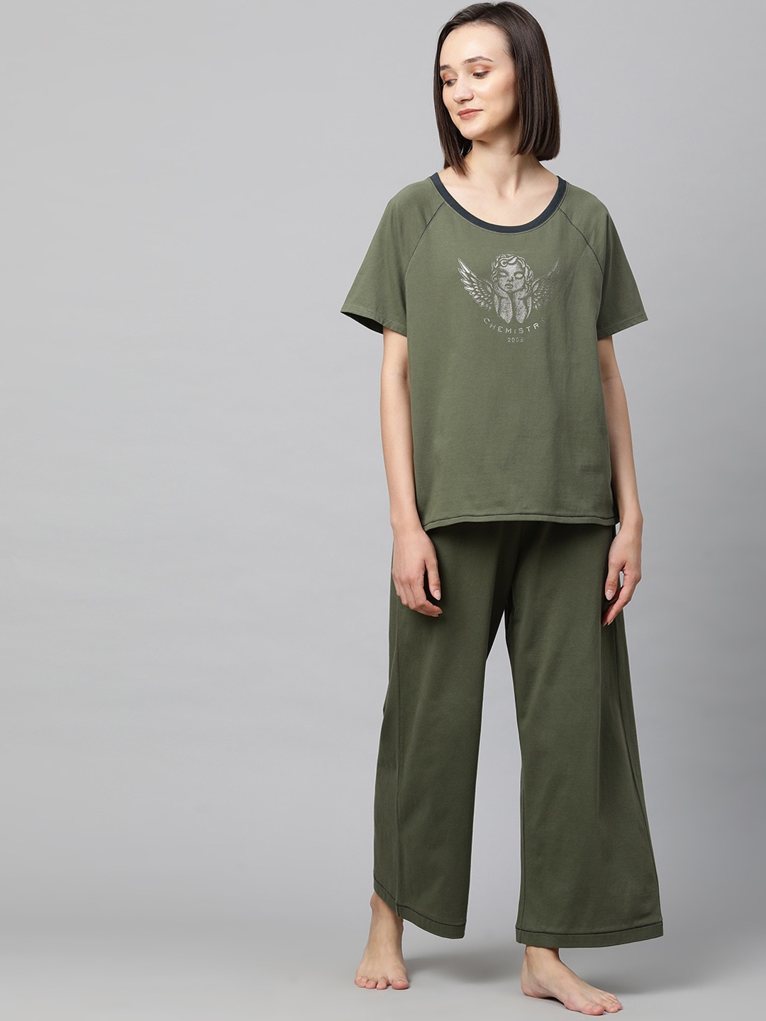 

Chemistry Women Olive Green & Grey Printed Cotton Night suit