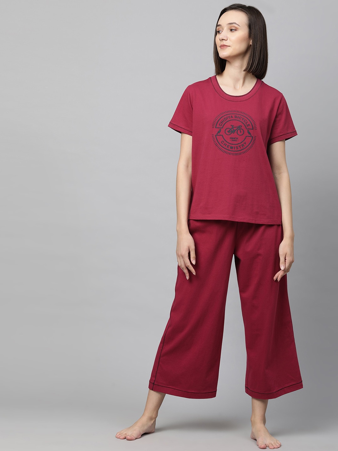 

Chemistry Women Red Printed Pure Cotton Night Suit