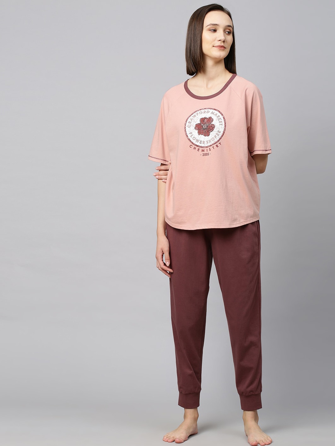 

Chemistry Women Pink & Brown Printed Pure Cotton Night suit