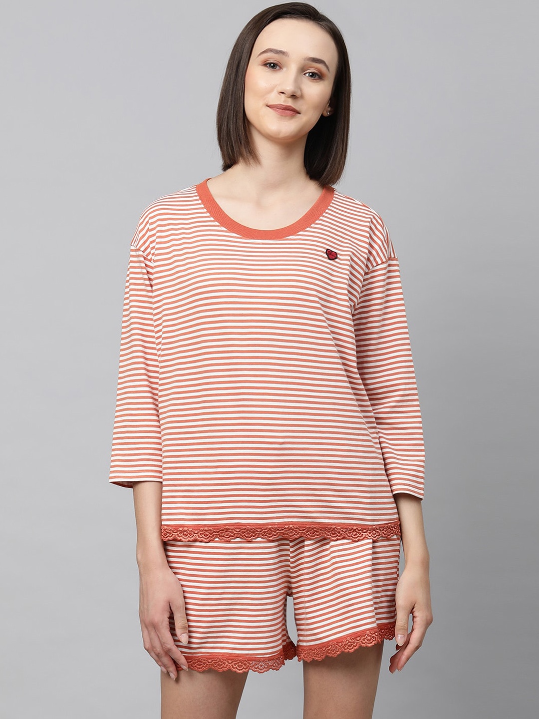 

Chemistry Women Peach-Coloured & White Striped Pure Cotton Night suit