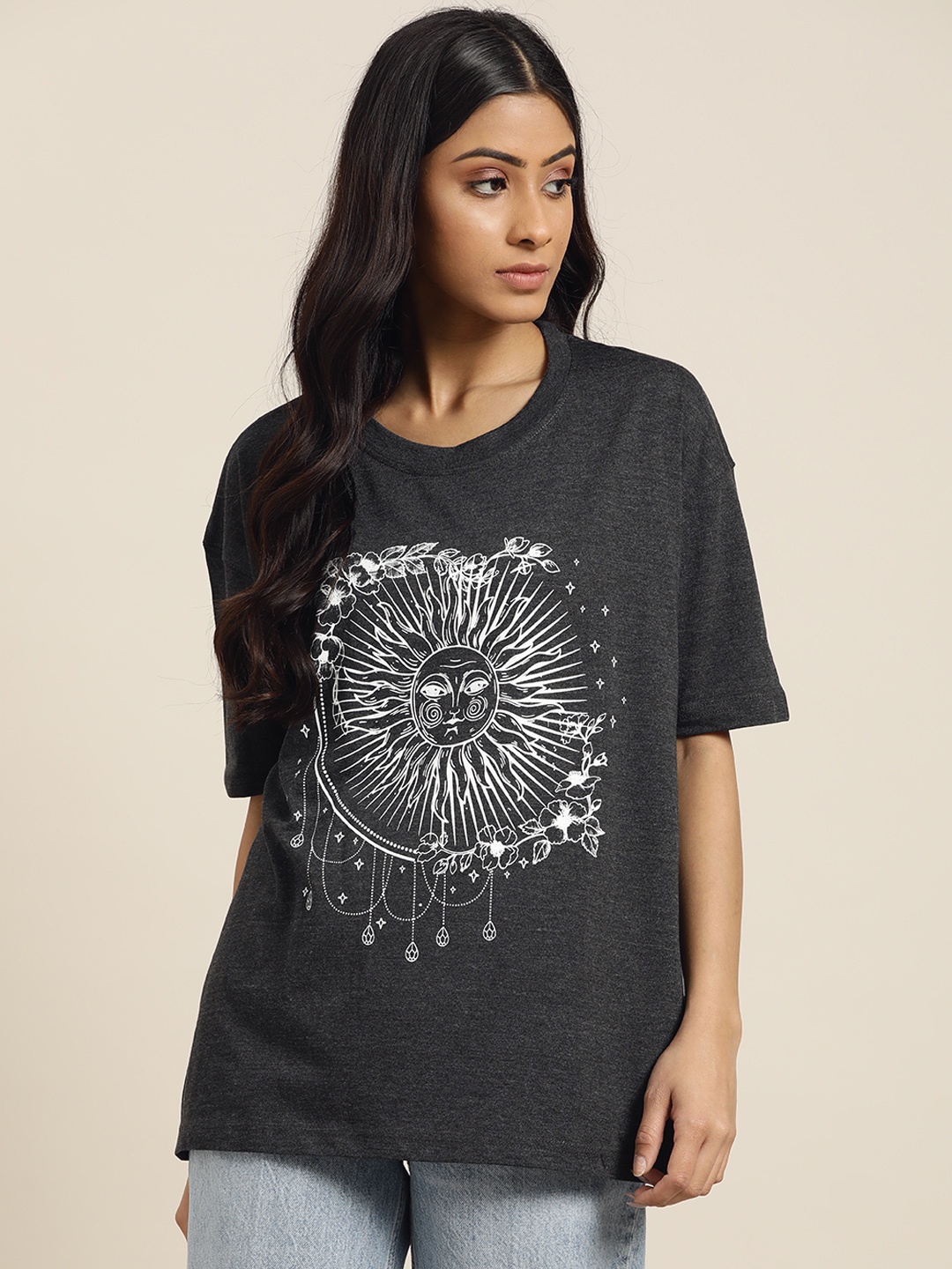 

Moda Rapido Women Charcoal Grey & White Pure Cotton Printed T-shirt
