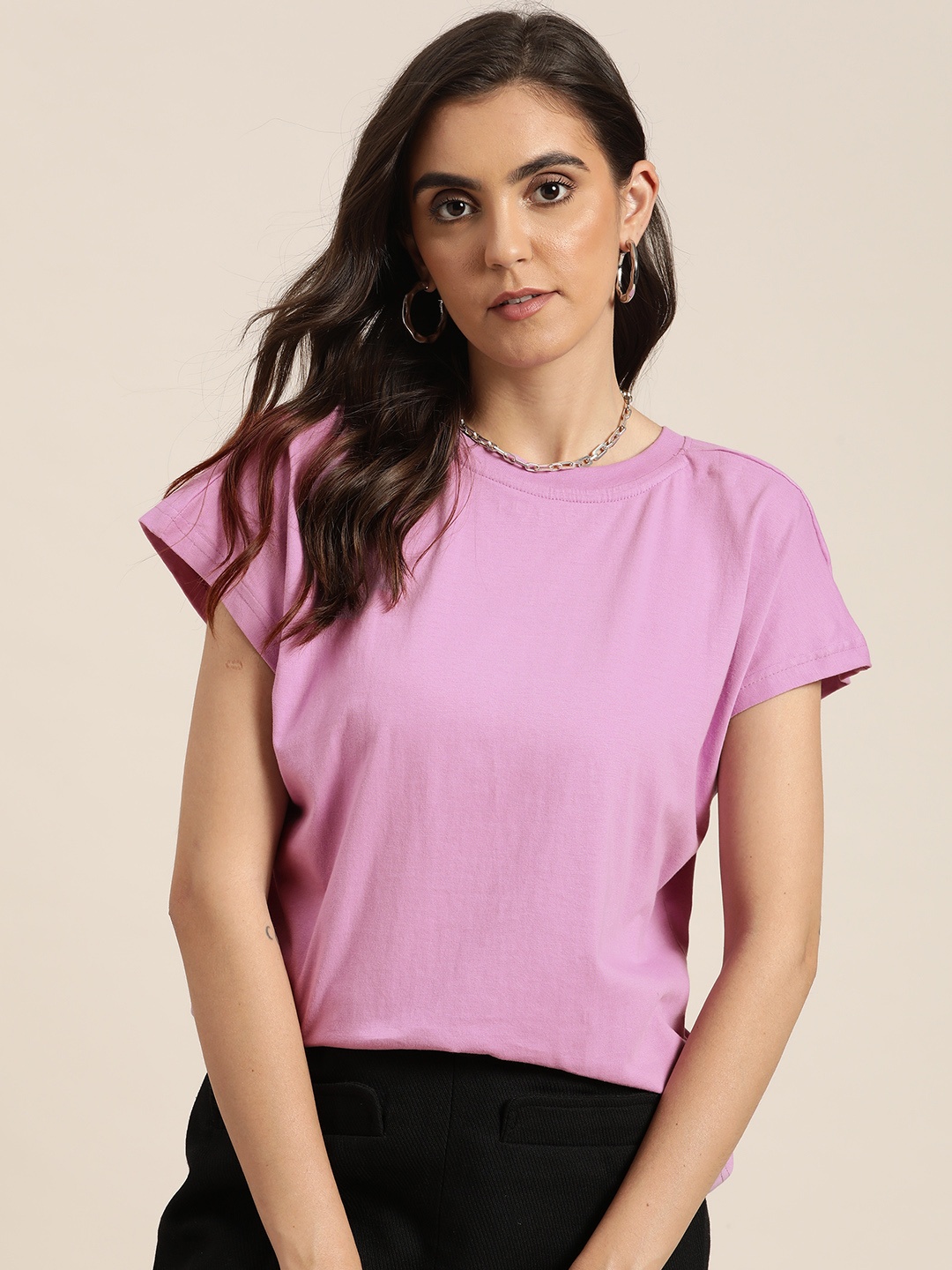 

Moda Rapido Women Lavender Extended Sleeves Pure Cotton Boxy T-shirt