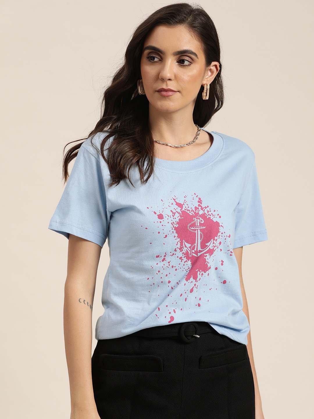 

Moda Rapido Women Blue Printed Pure Cotton T-shirt