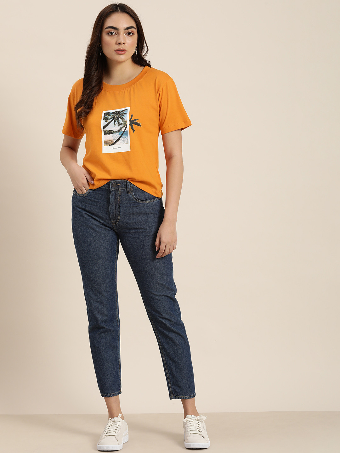 

Moda Rapido Women Mustard Yellow Tropical Printed Crop Pure Cotton T-shirt