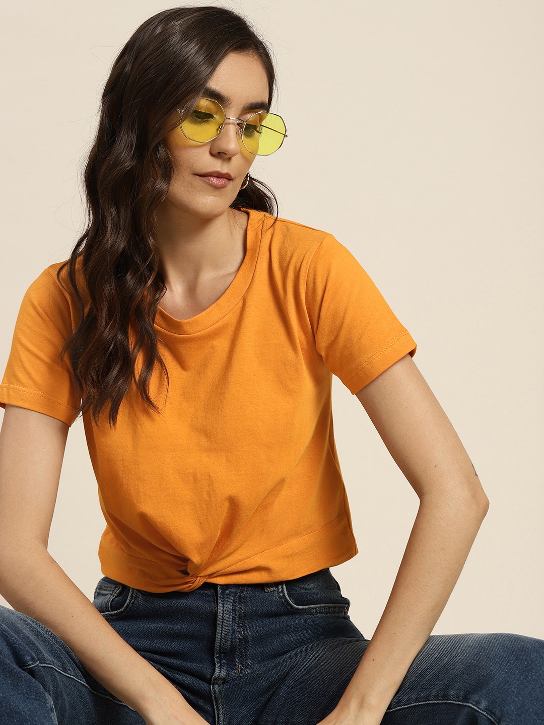 

Moda Rapido Yellow Pure Cotton Twisted Crop Top, Mustard
