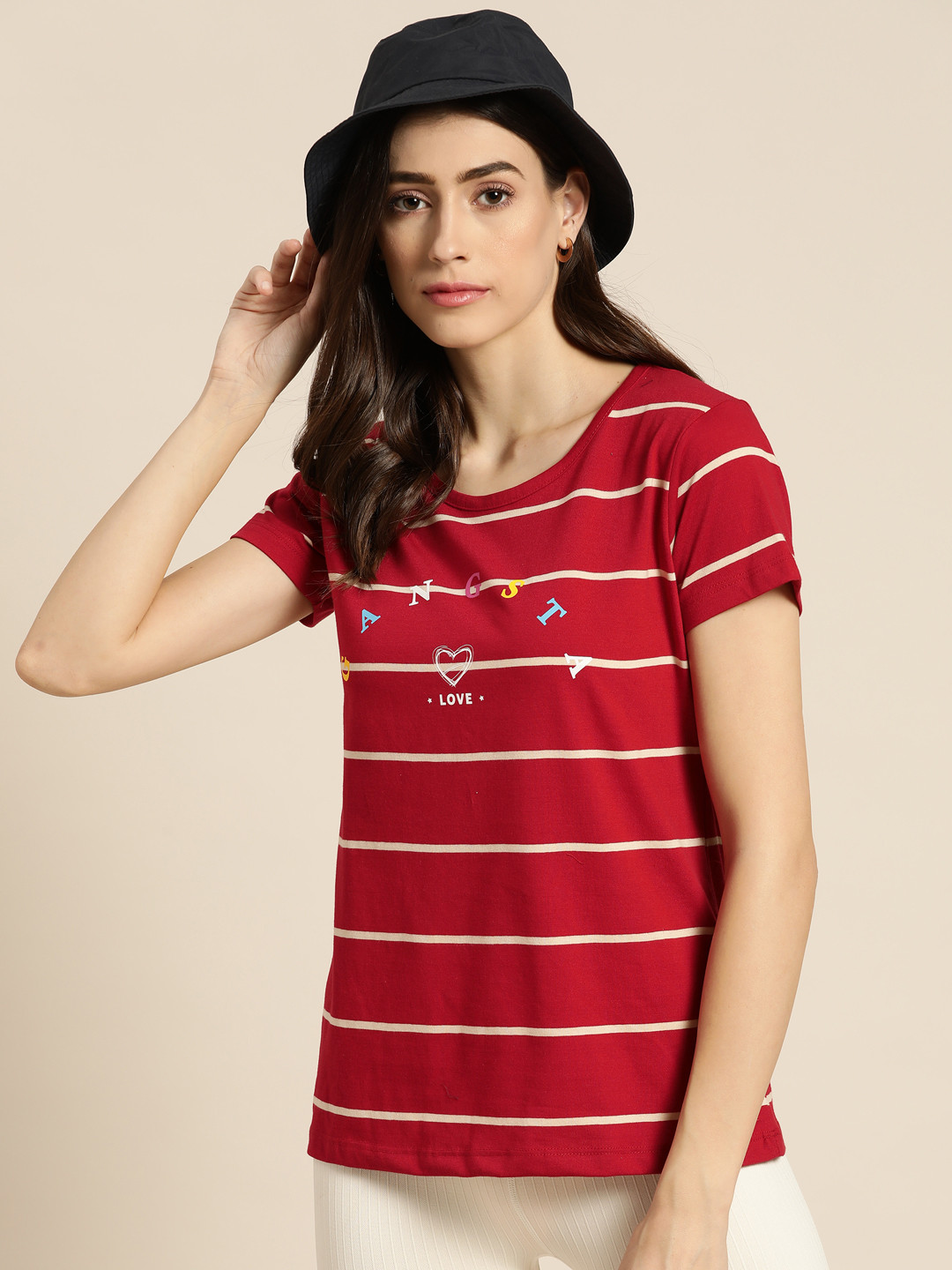 

Moda Rapido Women Red & Off White Typography Striped T-shirt