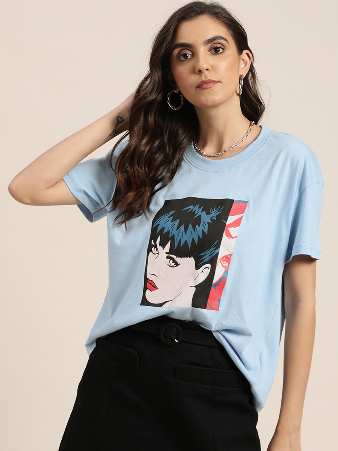 

Moda Rapido Women Blue Pure Cotton Printed Drop-Shoulder Sleeves T-shirt