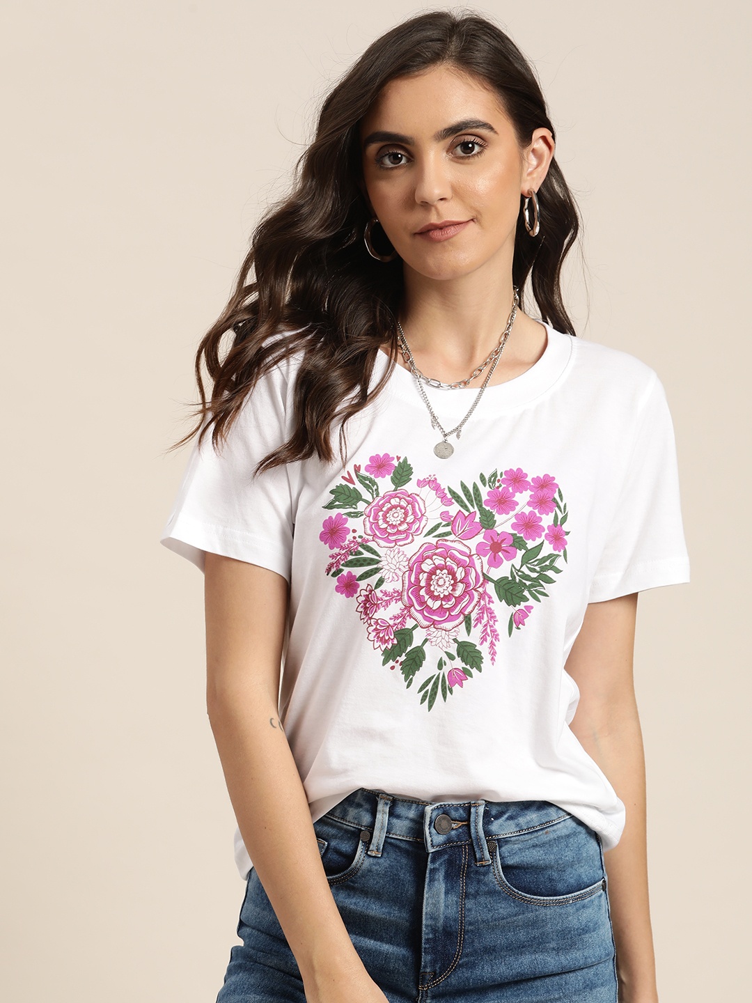 

Moda Rapido Women White & Pink Pure Cotton Floral Printed T-shirt