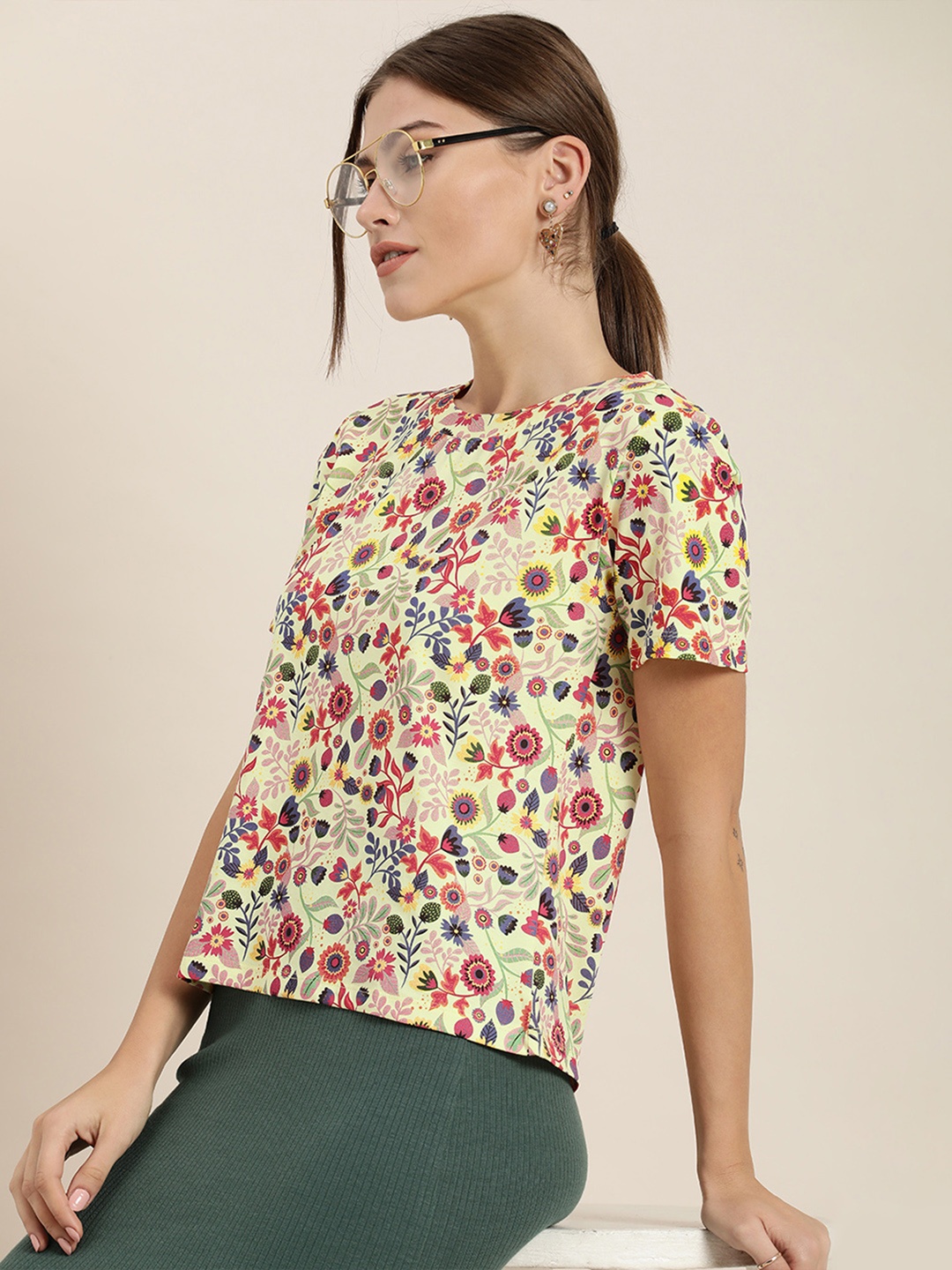 

Moda Rapido Women Multicoloured Floral Printed Tropical Pure Cotton T-shirt, Multi
