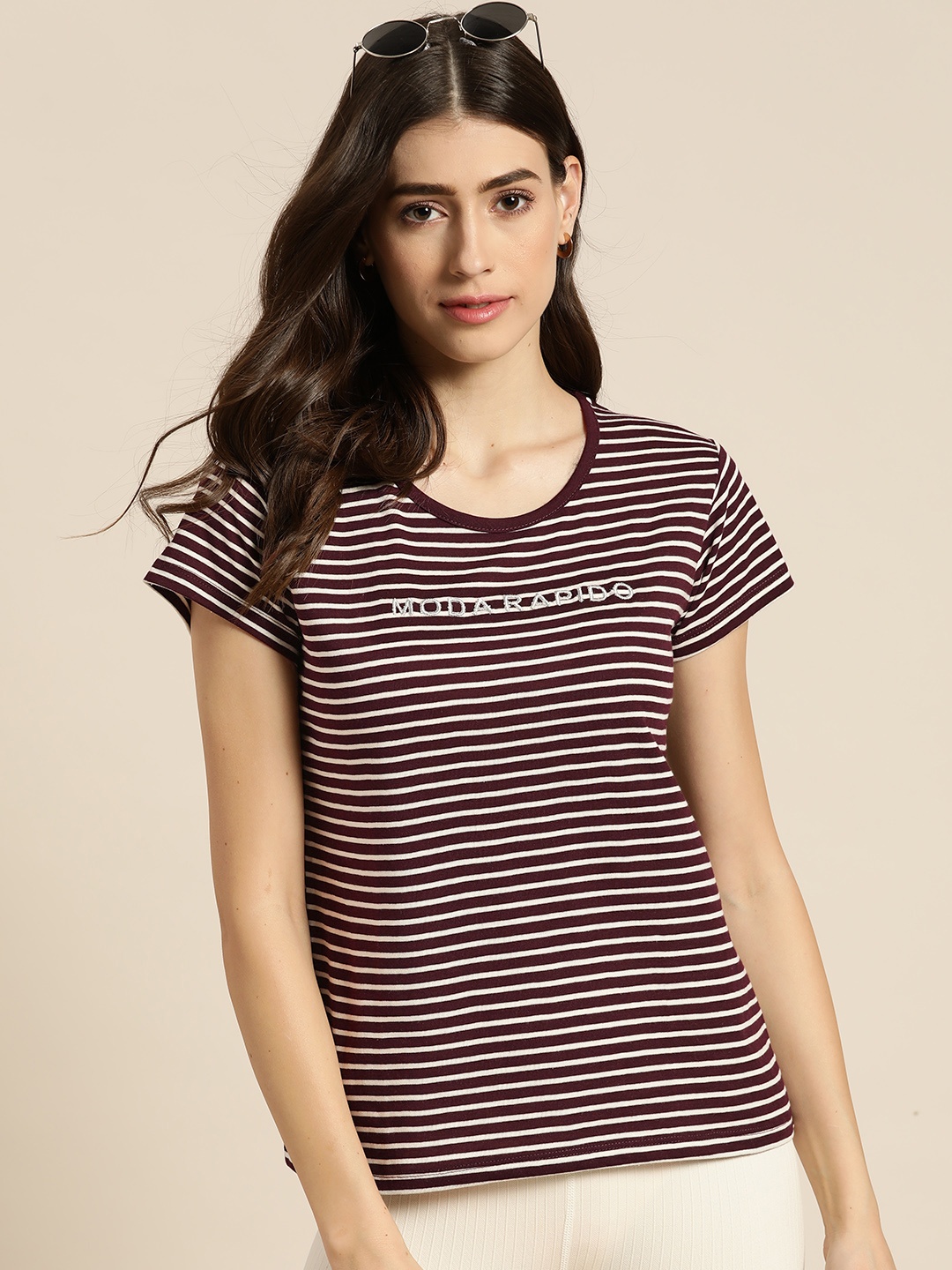 

Moda Rapido Women Purple & White Striped Applique T-shirt