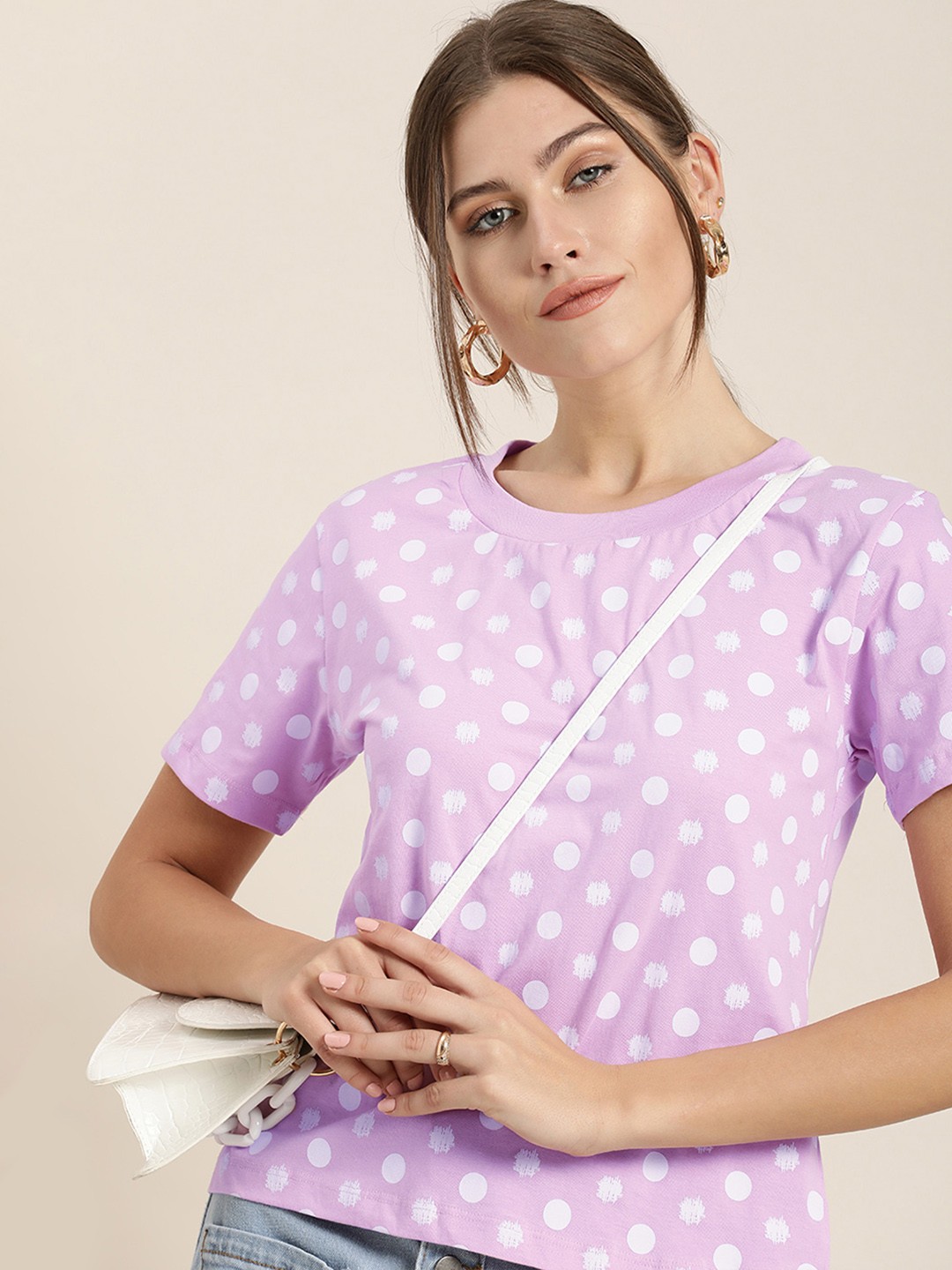 

Moda Rapido Women Lavender Polka Dot Printed Pure Cotton T-shirt