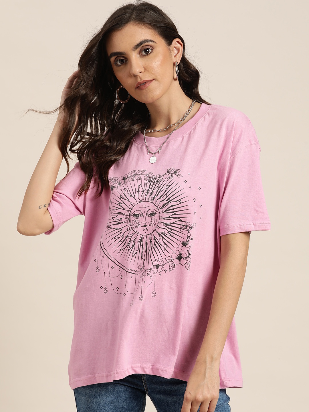 

Moda Rapido Women Pink & Black Pure Cotton Printed Drop-Shoulder Sleeves T-shirt