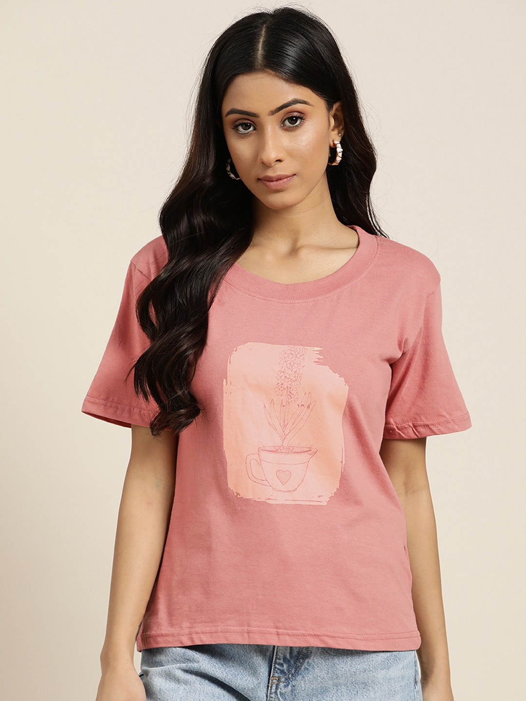 

Moda Rapido Women Dusty Pink & Peach-Coloured Printed Pure Cotton T-shirt, Rose