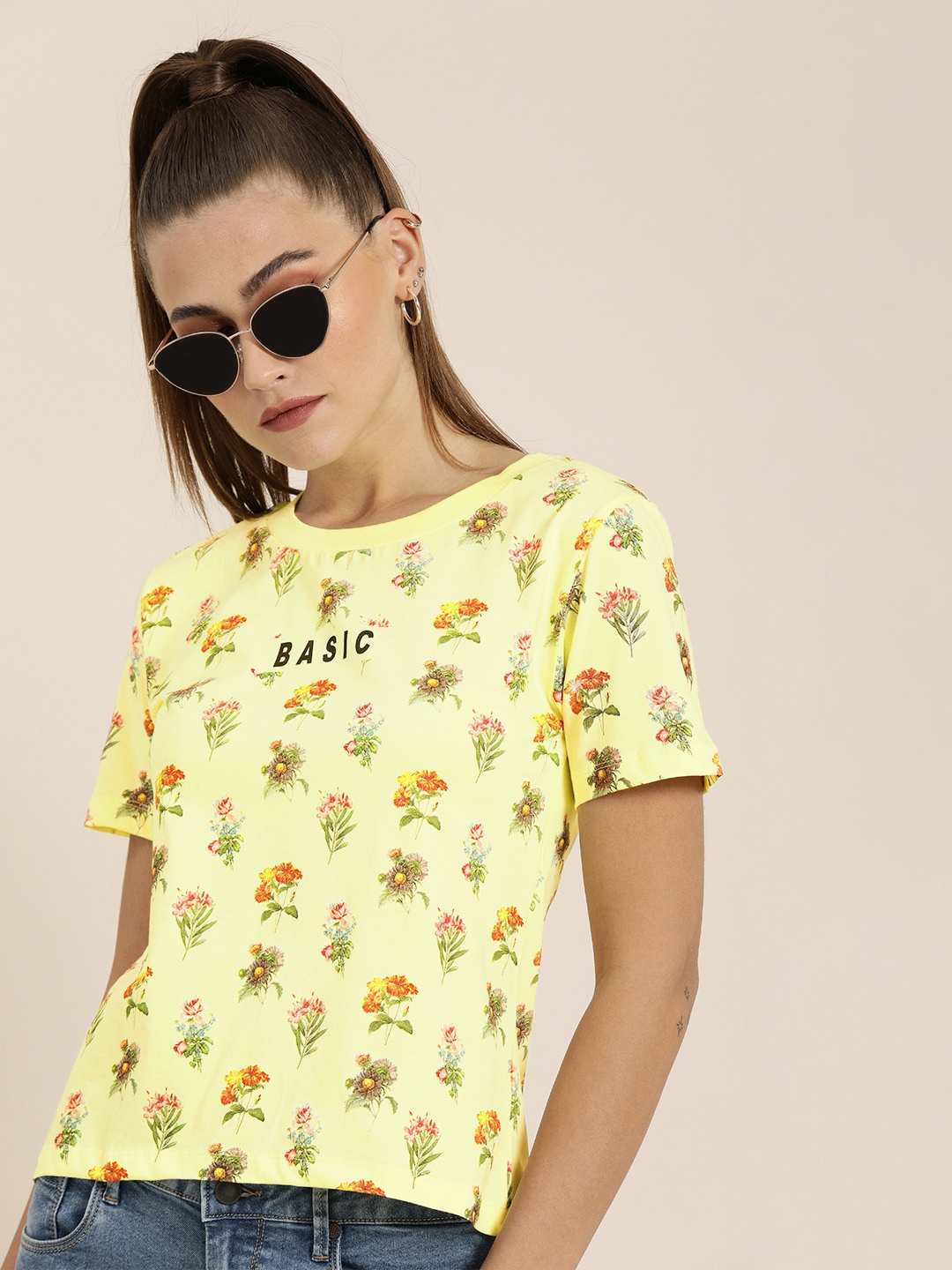 

Moda Rapido Women Yellow Floral Printed T-shirt