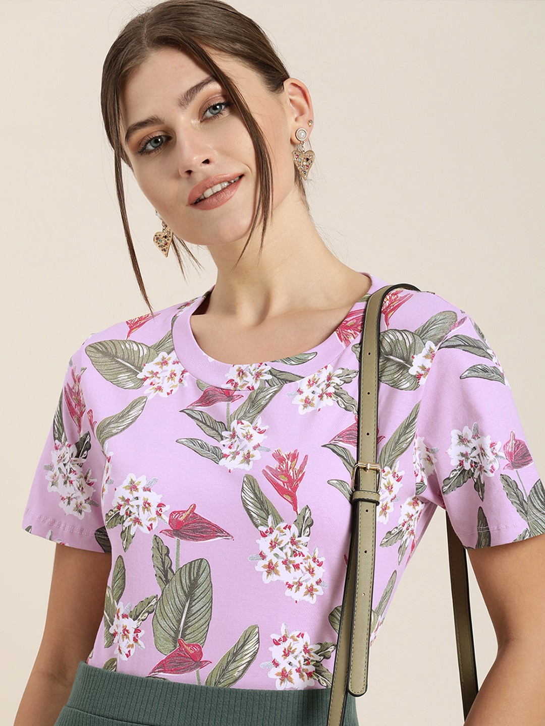 

Moda Rapido Women Lavender & Red Floral Printed Pure Cotton T-shirt