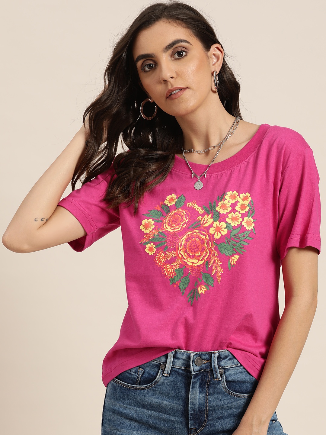 

Moda Rapido Women Pink & Yellow Pure Cotton Floral Printed T-shirt