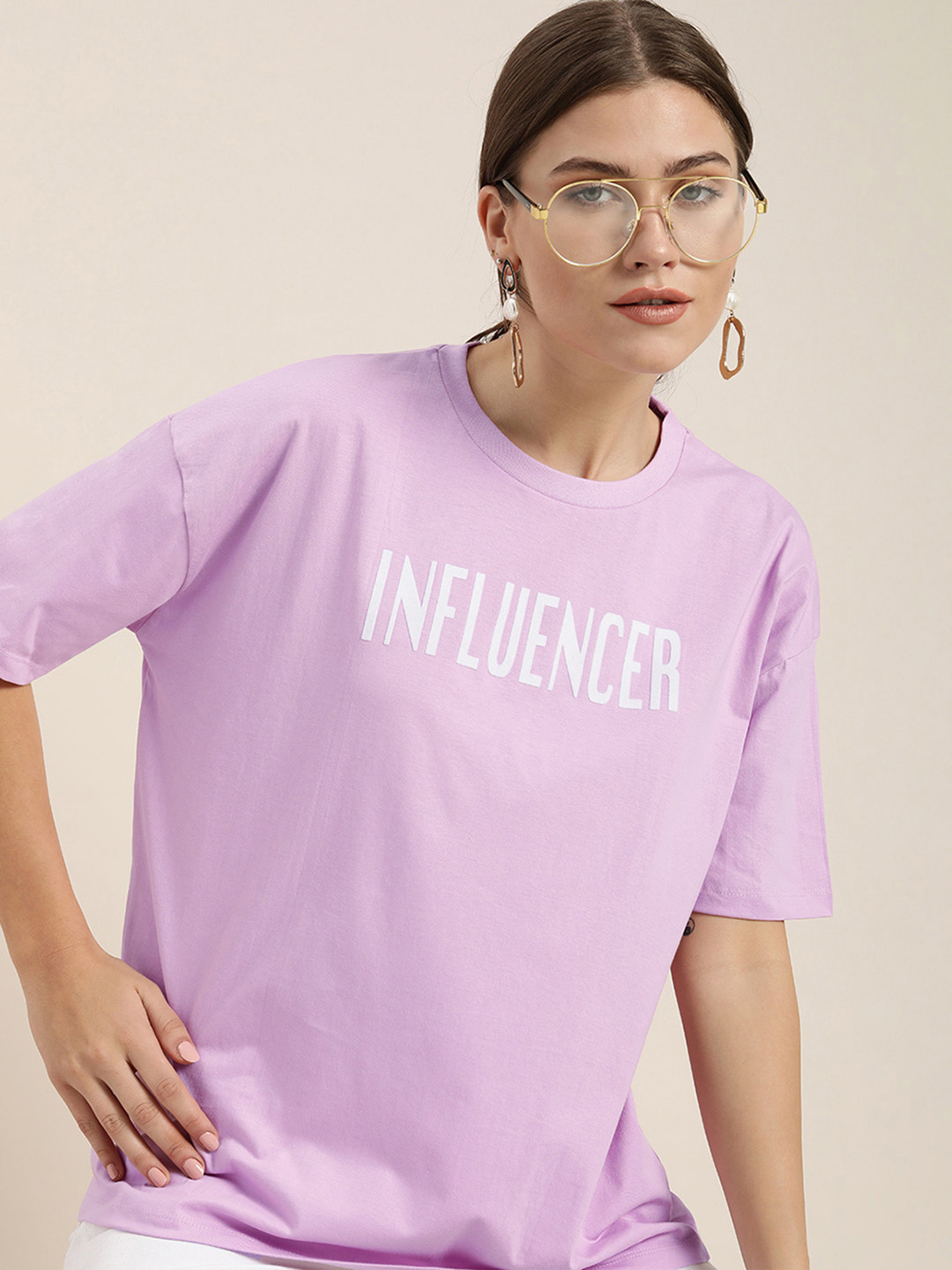 

Moda Rapido Women Lavender Typography Printed Extended Sleeves Pure Cotton T-shirt
