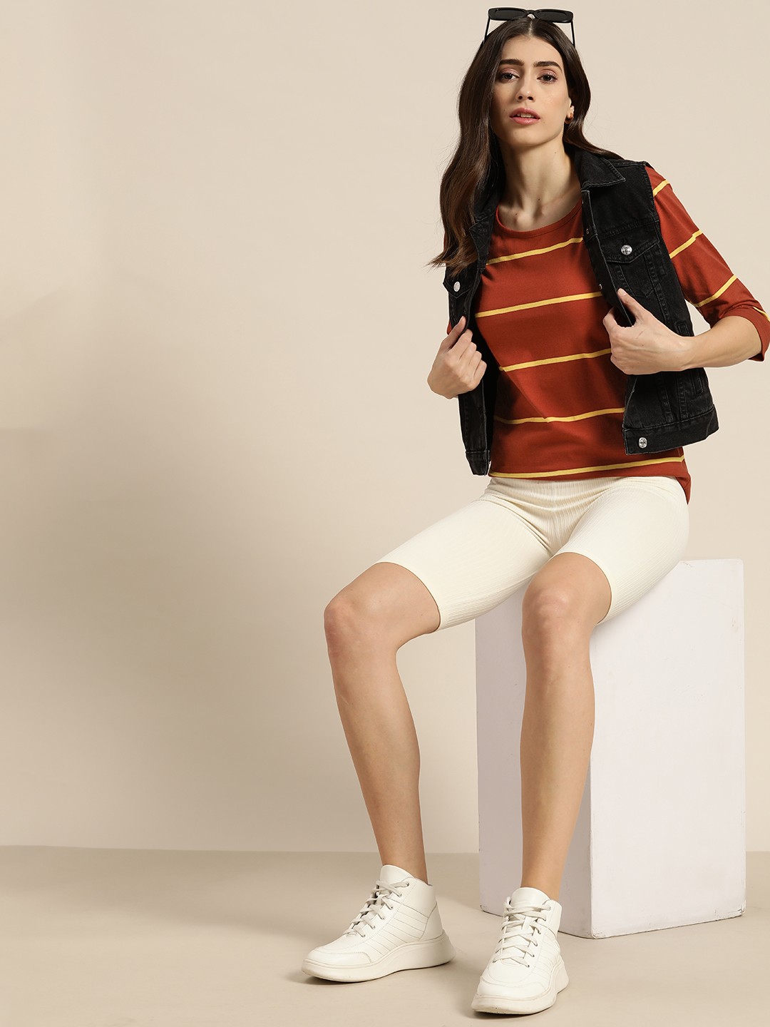 

Moda Rapido Women Rust Brown & Yellow Striped T-shirt